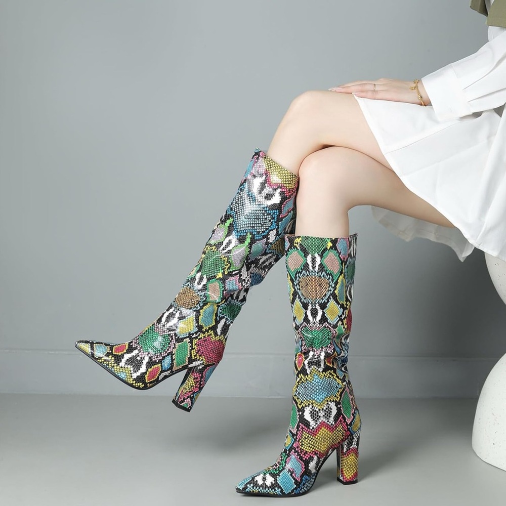 EUYZOU Colorful Slouchy Snakeskin Pattern Pointed-Toe Knee-High Boots Size 36